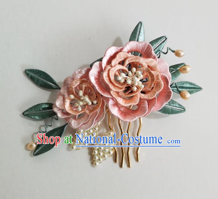 Chinese Classical Ancient Princess Pink Silk Peony Hair Comb Women Hanfu Hair Accessories Handmade Qing Dynasty Pearls Hairpin