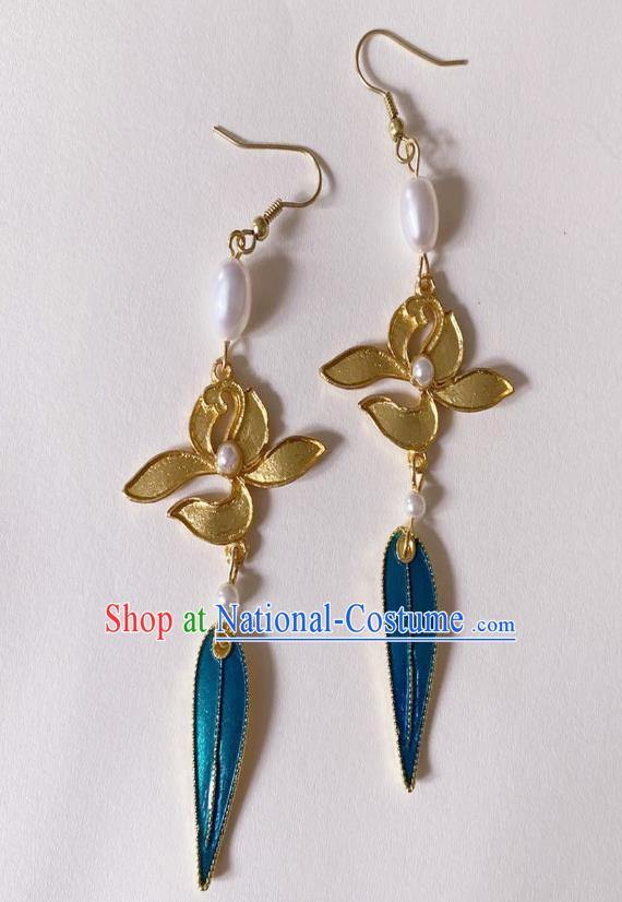 Handmade Chinese Classical Cheongsam Pearls Lotus Ear Accessories Eardrop Ancient Hanfu Blueing Leaf Earrings