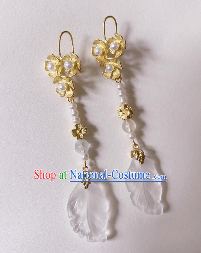 Handmade Chinese Classical Golden Eardrop Cheongsam Pearls Ear Accessories Ancient Hanfu White Leaf Earrings