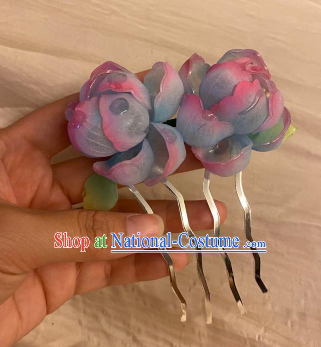 Chinese Ancient Palace Lady Blue Flowers Hairpin Hanfu Hair Accessories Handmade Hair Comb