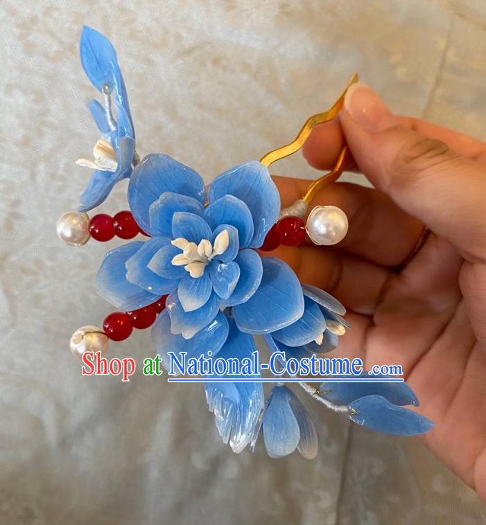 Chinese Women Classical Blue Flower Hair Clip Handmade Ancient Princess Hanfu Hair Accessories Red Beads Hairpin