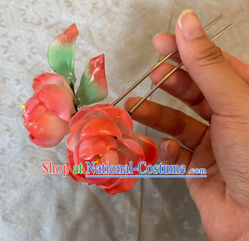 Chinese Women Classical Pink Flowers Hair Clip Handmade Ancient Princess Hanfu Hair Accessories Hairpin