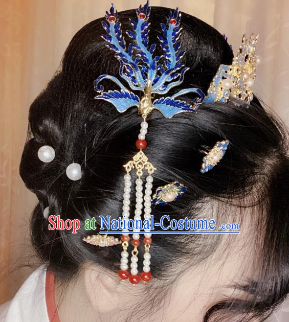 Chinese Classical Ancient Ming Dynasty Tassel Hairpins Women Hanfu Hair Accessories Handmade Court Blueing Phoenix Hair Clip