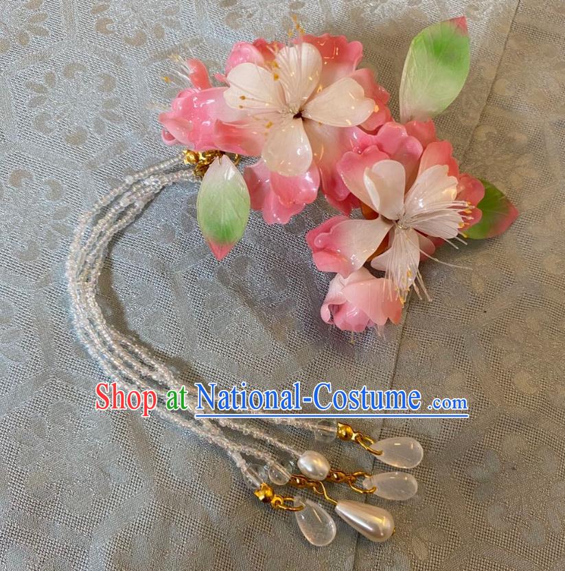 Chinese Women Classical Pink Flower Hair Stick Hairpin Handmade Ancient Princess Hanfu Hair Accessories Beads Tassel Hair Claw