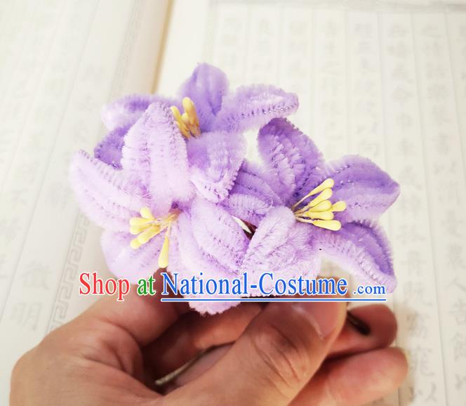 Chinese Ancient Princess Purple Velvet Hairpins Hair Accessories Handmade Qing Dynasty Palace Lady Lily Flowers Hair Stick