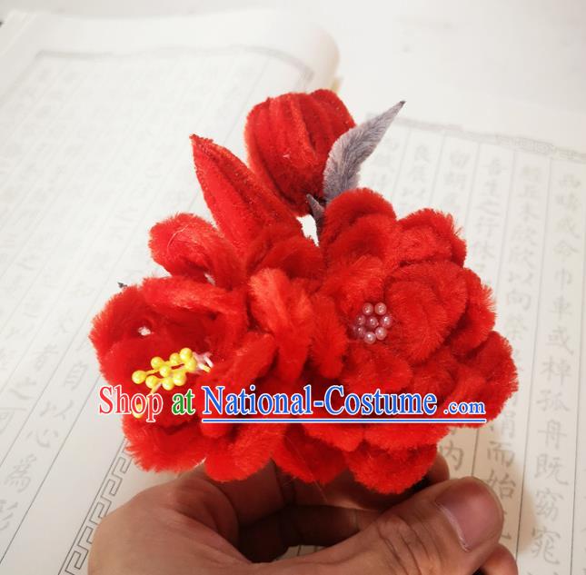 Chinese Ancient Princess Red Velvet Flowers Hairpins Hair Accessories Handmade Qing Dynasty Palace Lady Camellia Hair Stick