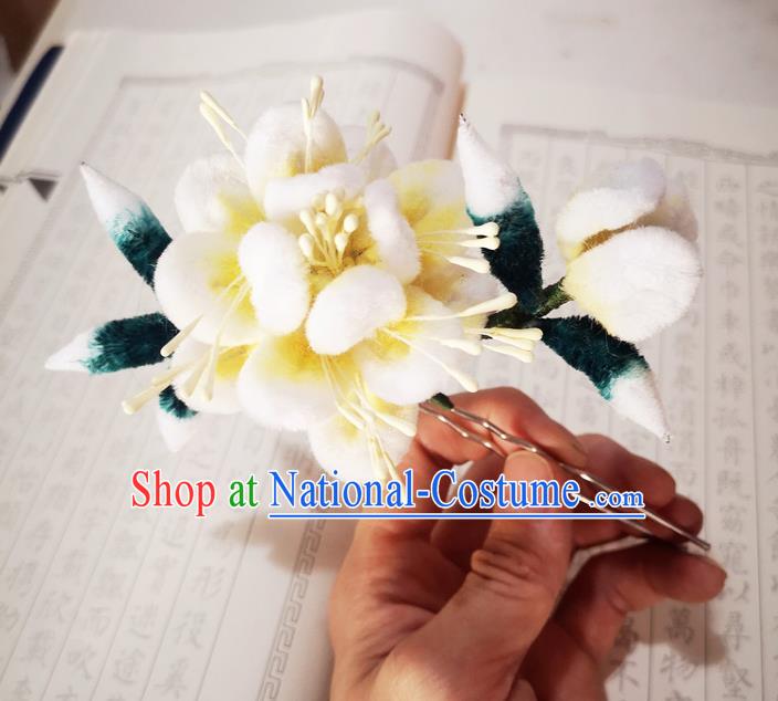 Chinese Ancient Princess Beige Velvet Flowers Hairpins Hair Accessories Handmade Qing Dynasty Court Peony Hair Stick