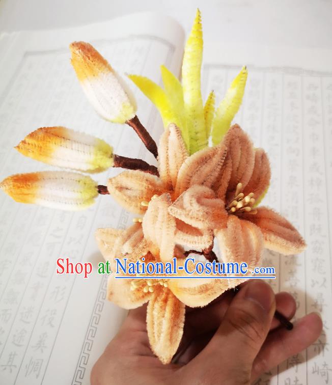 Chinese Ancient Princess Brown Velvet Hairpins Hair Accessories Handmade Qing Dynasty Court Lily Flowers Hair Stick