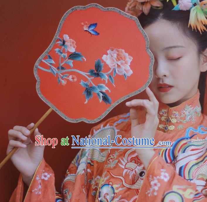 Chinese Classical Ancient Hanfu Red Silk Fan Ming Dynasty Princess Embroidered Peony Butterfly Palace Fans