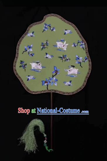 Chinese Classical Ancient Hanfu Peach Shape Green Silk Fan Ming Dynasty Princess Embroidered Rabbits Palace Fans