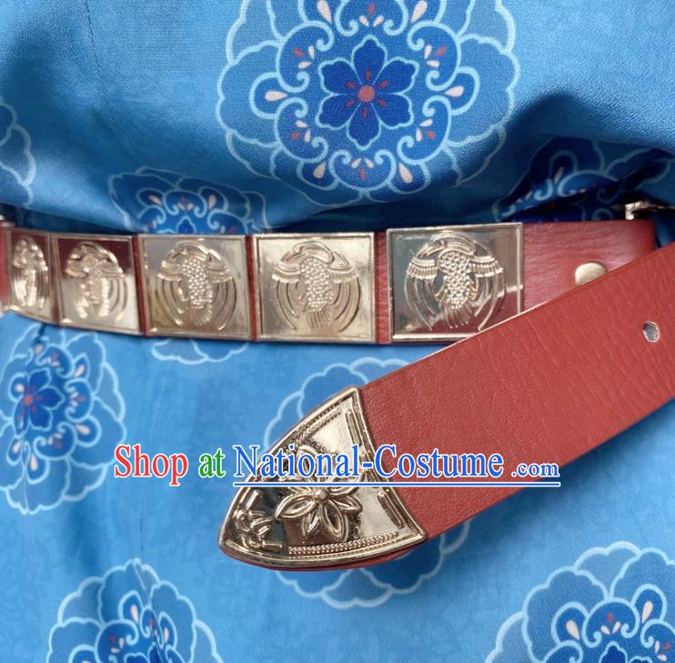 Chinese Classical Ancient Hanfu Red Leather Belt Tang Dynasty Swordsman Waistband Accessories