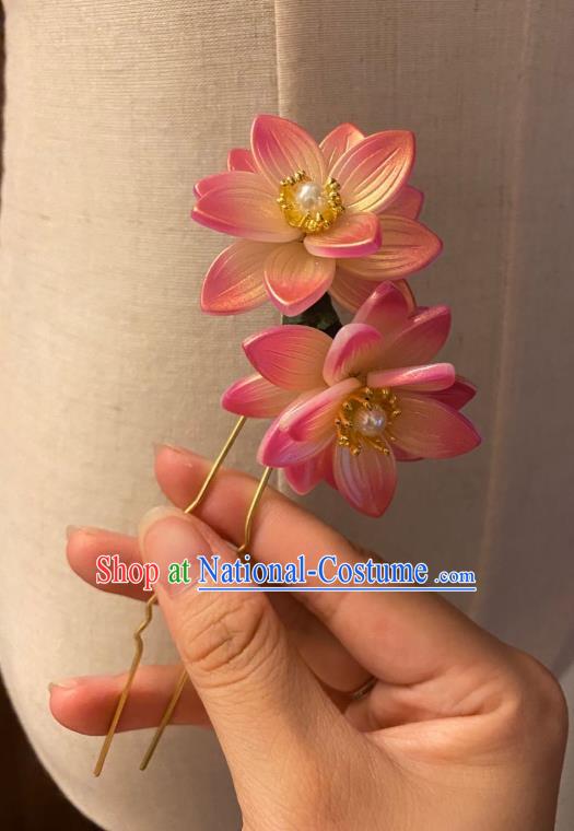 Chinese Ancient Princess Golden Hairpin Hanfu Hair Accessories Women Handmade Pink Lotus Hair Clip