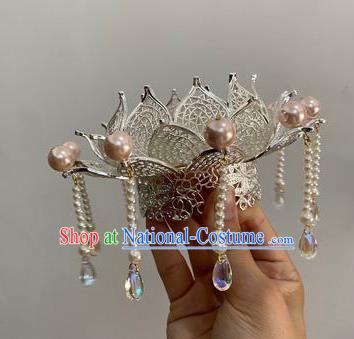 Chinese Ancient Princess Beads Tassel Argent Hairpins Hair Accessories Women Handmade Hanfu Tang Dynasty Lotus Hair Crown