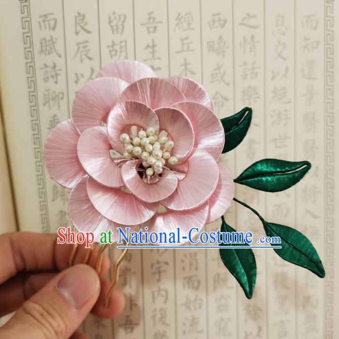 Chinese Ancient Princess Pink Camellia Hairpins Hair Accessories Handmade Hanfu Silk Flower Pearls Hair Stick