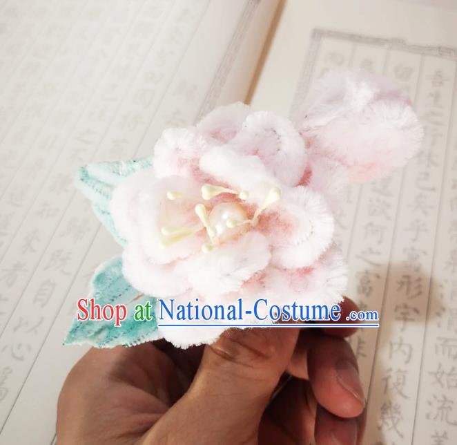 Chinese Ancient Princess Pink Velvet Peach Blossom Hairpins Hair Accessories Handmade Qing Dynasty Court Lady Hair Stick