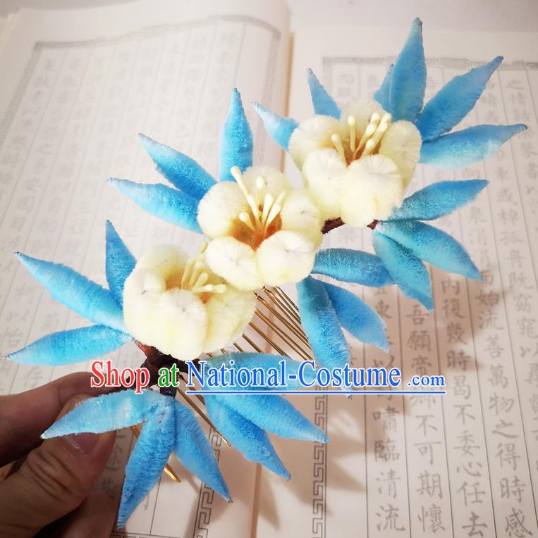 Chinese Ancient Princess Yellow Velvet Flowers Hairpins Hair Accessories Handmade Qing Dynasty Pear Blossom Hair Comb