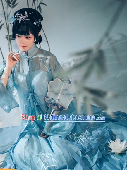 Chinese Ancient Patrician Female Hanfu Apparels Traditional Costumes Ming Dynasty Noble Lady Garment Blue Gown Top and Skirt Full Set