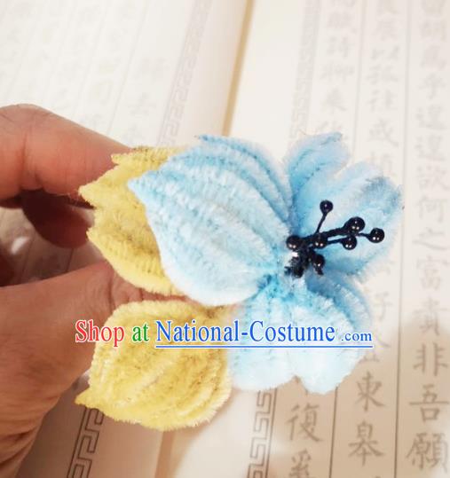 Chinese Ancient Princess Blue Velvet Flowers Hairpins Hair Accessories Handmade Qing Dynasty Palace Lady Hair Stick