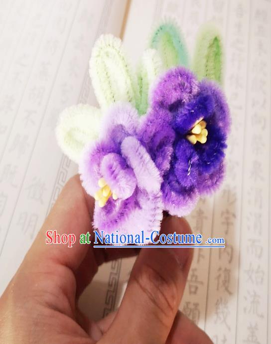 Chinese Ancient Princess Velvet Flowers Hairpins Hair Accessories Handmade Qing Dynasty Palace Lady Purple Plum Hair Stick