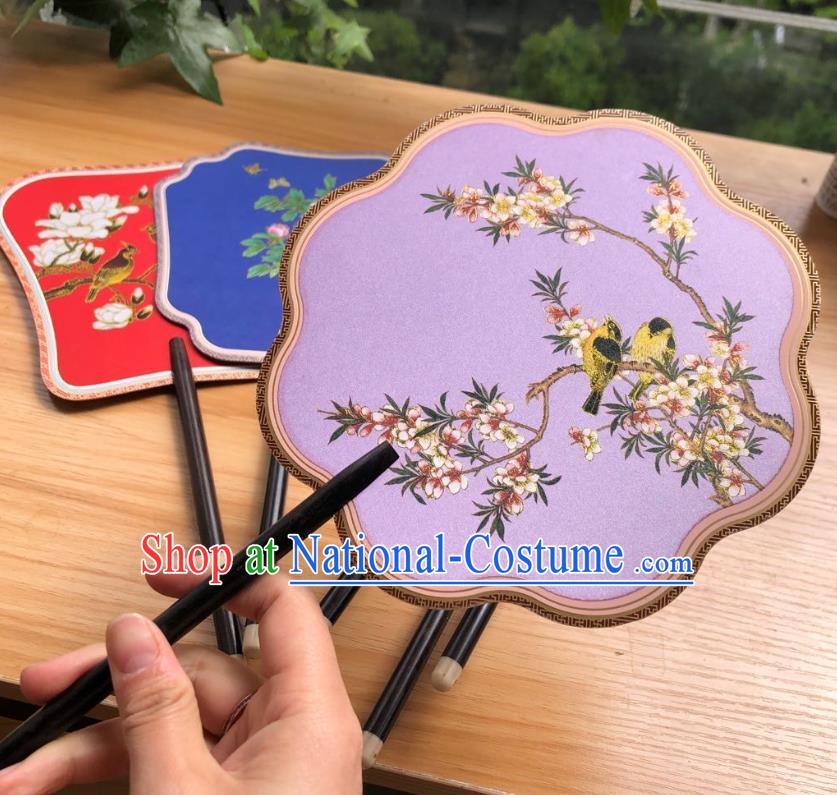 Chinese Classical Lilac Silk Palace Fan Ancient Palace Lady Fans Accessories Song Dynasty Princess Painting Plum Birds Ebony Fans