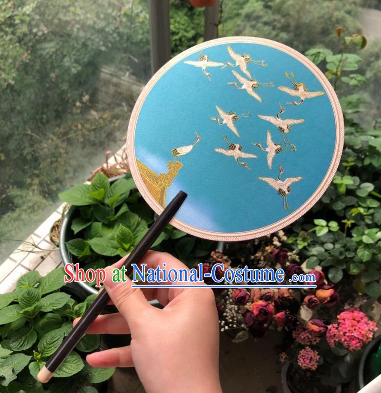 Chinese Classical Blue Silk Palace Fan Ancient Palace Lady Fans Accessories Song Dynasty Princess Painting Cranes Round Fans