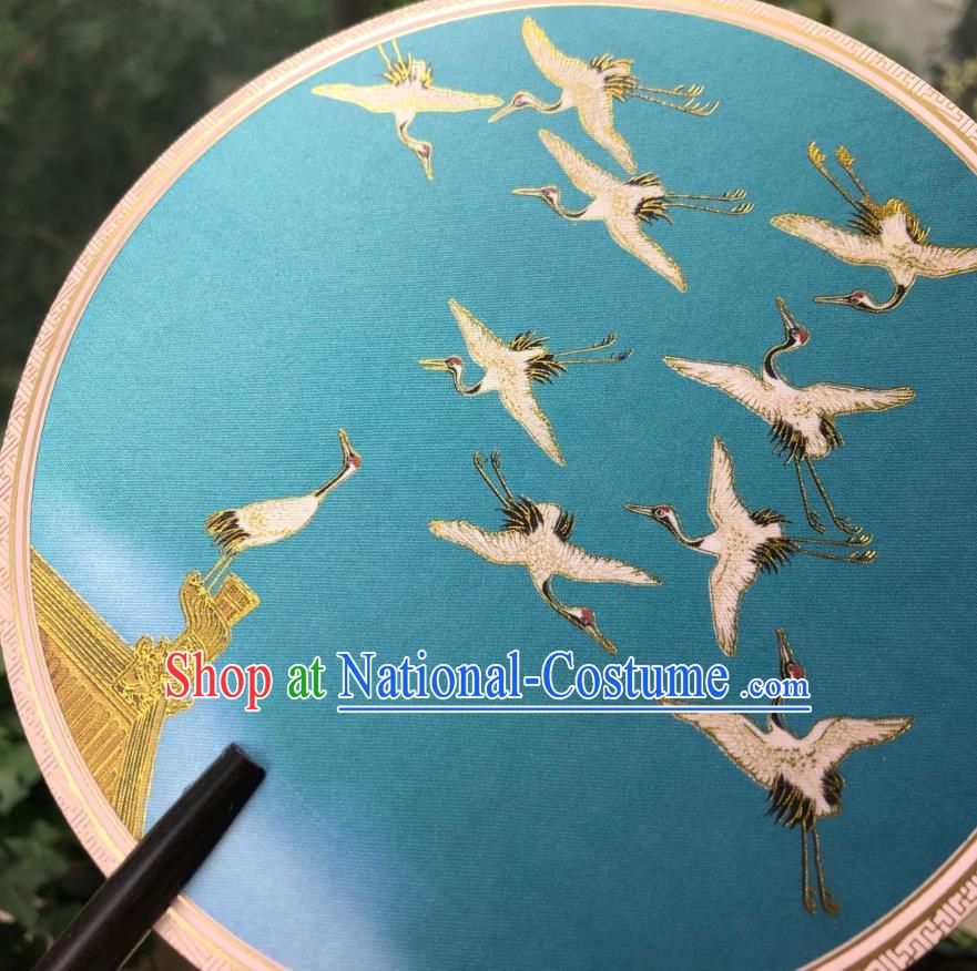 Chinese Classical Blue Silk Palace Fan Ancient Palace Lady Fans Accessories Song Dynasty Princess Painting Cranes Round Fans