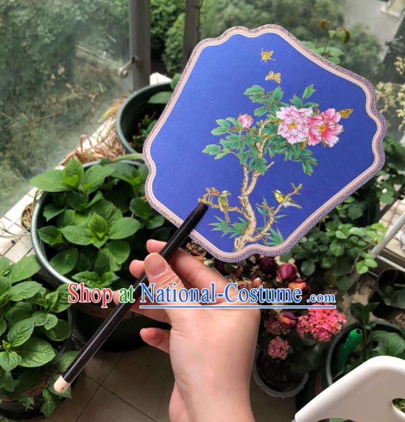 Chinese Classical Royalblue Silk Palace Fan Ancient Palace Lady Fans Accessories Song Dynasty Princess Painting Peony Fans