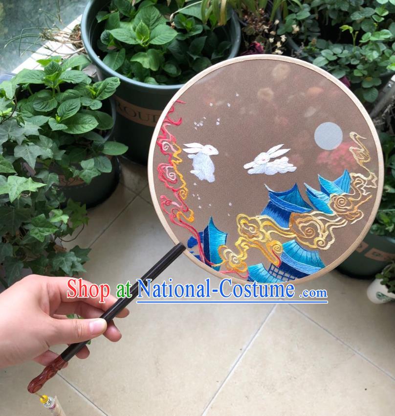 Chinese Classical Brown Silk Palace Fan Ancient Song Dynasty Princess Embroidered Moon Court Rabbits Round Fans Accessories