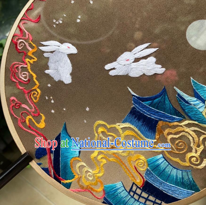 Chinese Classical Brown Silk Palace Fan Ancient Song Dynasty Princess Embroidered Moon Court Rabbits Round Fans Accessories