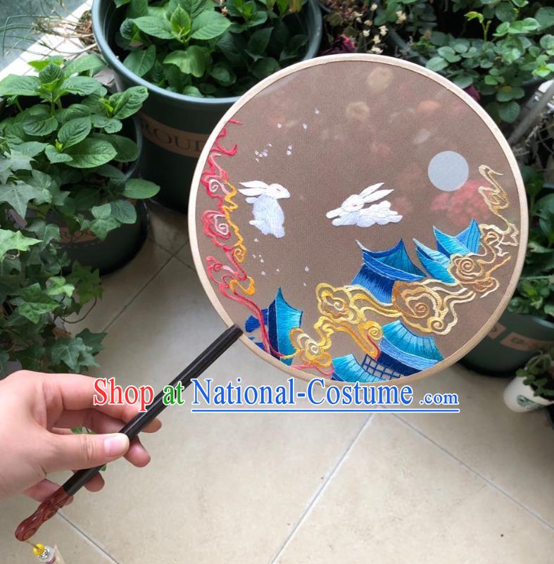 Chinese Classical Brown Silk Palace Fan Ancient Song Dynasty Princess Embroidered Moon Court Rabbits Round Fans Accessories