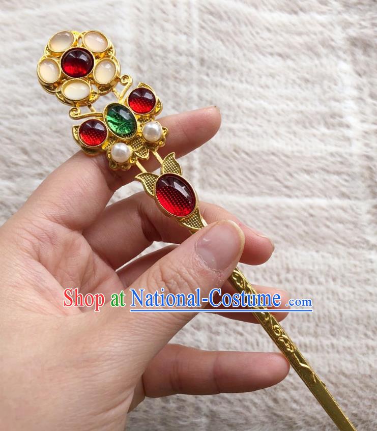 Chinese Ancient Empress Golden Hairpins Hair Accessories Handmade Ming Dynasty Court Garnet Hair Stick