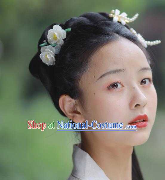 Chinese Ancient Princess White Camellia Hairpins Hair Accessories Handmade Ming Dynasty Shell Hair Sticks