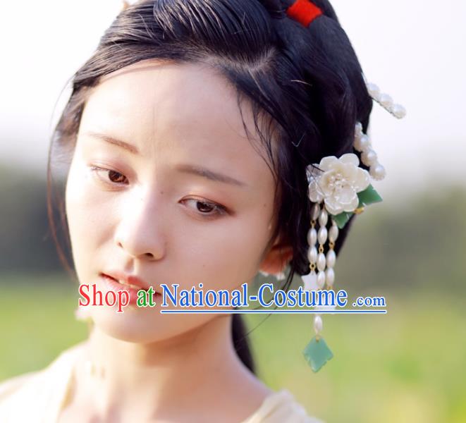 Chinese Ancient Princess White Camellia Hairpins Hair Accessories Handmade Ming Dynasty Shell Pearls Tassel Hair Sticks