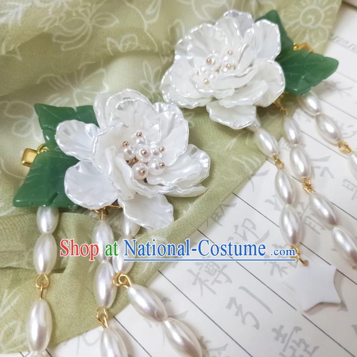 Chinese Ancient Princess White Camellia Hairpins Hair Accessories Handmade Ming Dynasty Shell Pearls Tassel Hair Sticks