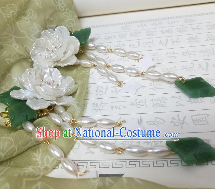 Chinese Ancient Princess White Camellia Hairpins Hair Accessories Handmade Ming Dynasty Shell Pearls Tassel Hair Sticks