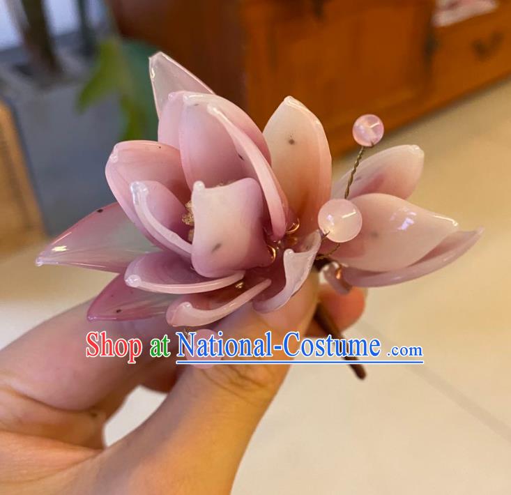 Chinese Ancient Court Lady Pink Flowers Hairpins Hair Accessories Handmade Song Dynasty Plastic Lotus Hair Stick