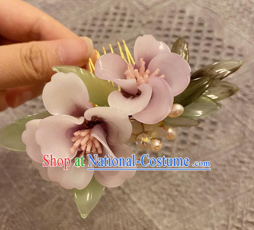 Chinese Ancient Court Lady Pink Azalea Hairpins Hair Accessories Handmade Song Dynasty Plastic Flowers Hair Comb