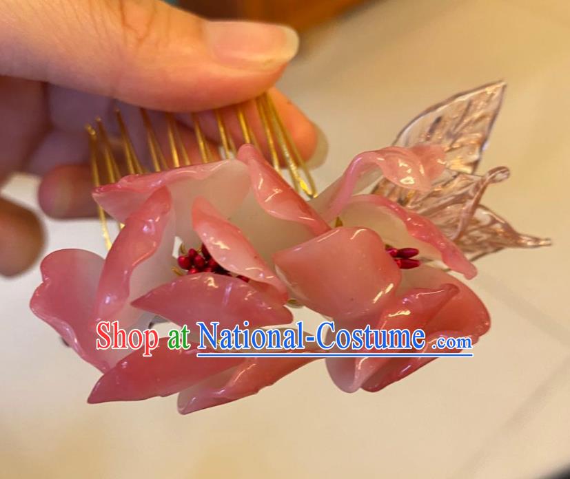 Chinese Ancient Court Lady Pink Hairpins Hair Accessories Handmade Song Dynasty Plastic Flowers Hair Comb