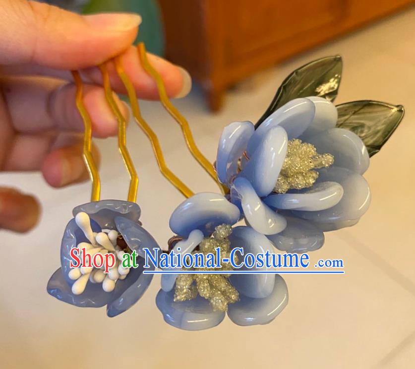 Chinese Ancient Court Lady Flowers Hairpins Hair Accessories Handmade Blue Plastic Plum Blossom Hair Comb