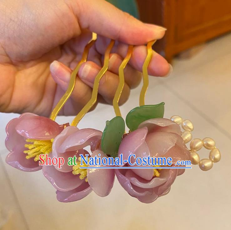 Chinese Ancient Palace Lady Pearls Hairpins Hair Accessories Handmade Pink Plastic Flowers Hair Comb