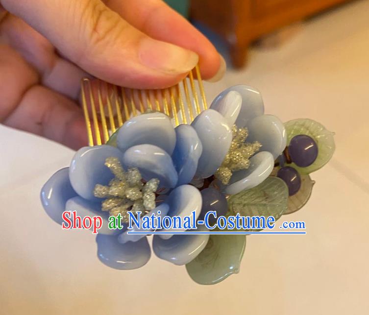 Chinese Ancient Palace Lady Hairpins Hair Accessories Handmade Blue Plastic Flowers Hair Comb