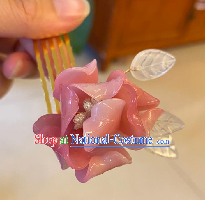 Chinese Ancient Palace Lady Peach Blossom Hairpins Hair Accessories Handmade Pink Plastic Flower Hair Comb