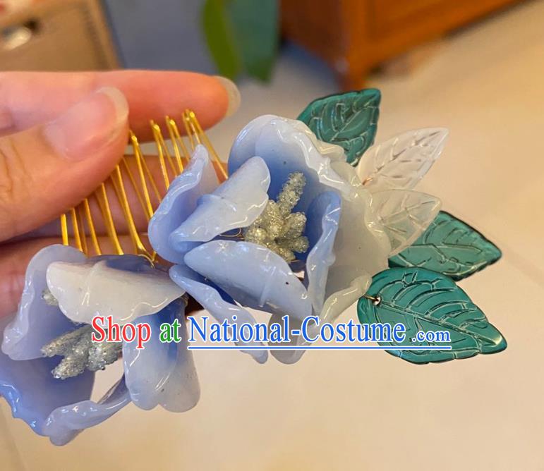 Chinese Ancient Palace Lady Blue Flowers Hairpins Hair Accessories Handmade Plastic Hair Comb