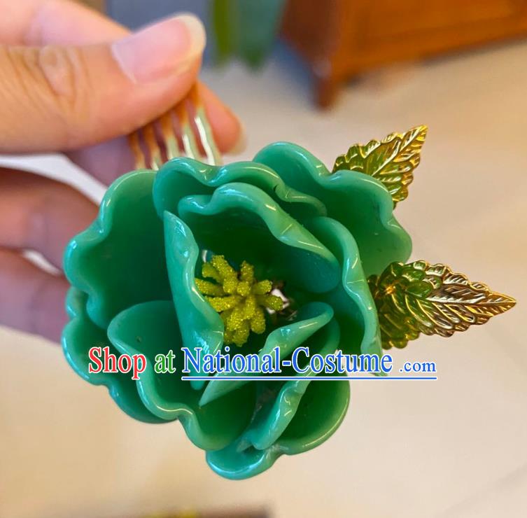 Chinese Ancient Palace Lady Flower Hairpins Hair Accessories Handmade Green Plastic Peony Hair Comb