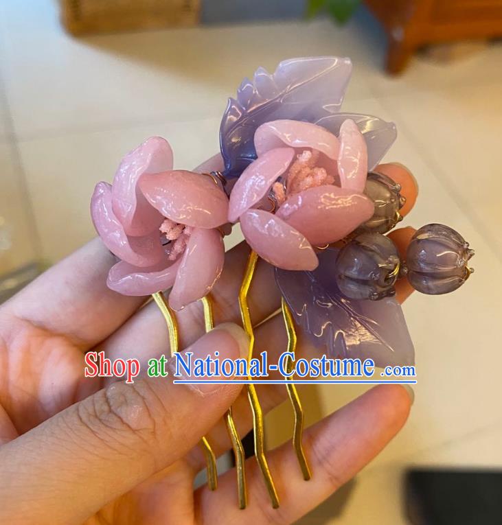 Chinese Ancient Palace Lady Pink Azalea Hairpins Hair Accessories Handmade Plastic Flowers Hair Comb