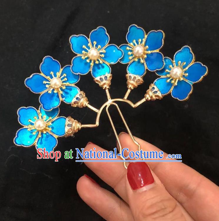 Chinese Ancient Court Empress Blueing Hairpins Hair Accessories Handmade Ming Dynasty Palace Pearls Plum Blossom Hair Stick