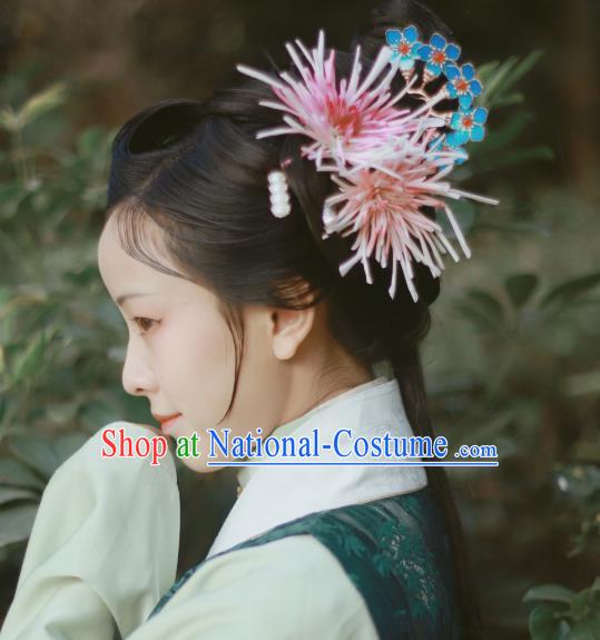 Chinese Ancient Palace Princess Flower Hairpins Hair Accessories Handmade Ming Dynasty Court Pink Chrysanthemum Hair Stick