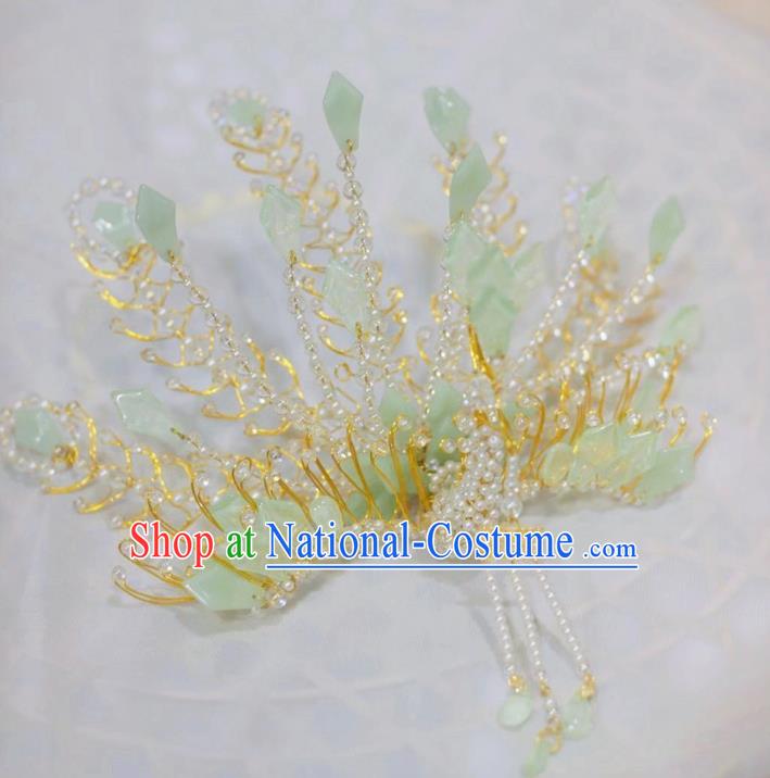 Chinese Ancient Imperial Concubine Pearls Tassel Hairpins Hair Accessories Handmade Ming Dynasty Court Green Tail Phoenix Hair Crown