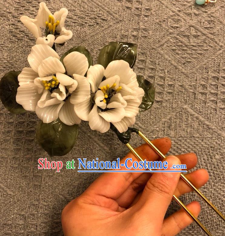 Chinese Ancient Palace Lady White Camellia Flowers Hairpins Hair Accessories Handmade Plastic Hair Stick