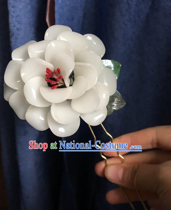 Chinese Ancient Palace Lady White Blossom Hairpins Hair Accessories Handmade Plastic Camellia Flower Hair Stick